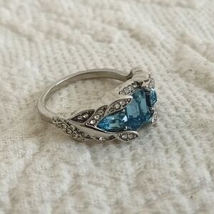 Topaz Blue Simulated Gemstone Ring Rectangle Cut Silver Plated Engagement Bling